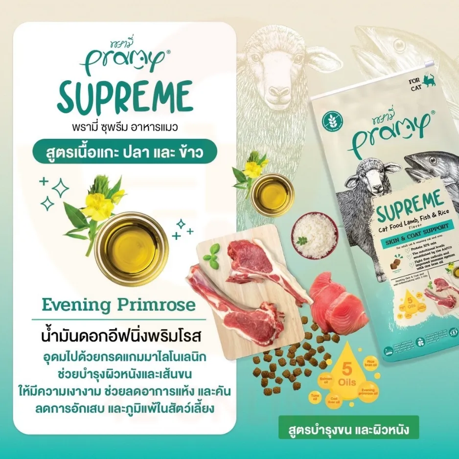 Pramy Supreme อาหารแมวเม็ด Skin & Coat Support แกะ ปลา และ ข้าว