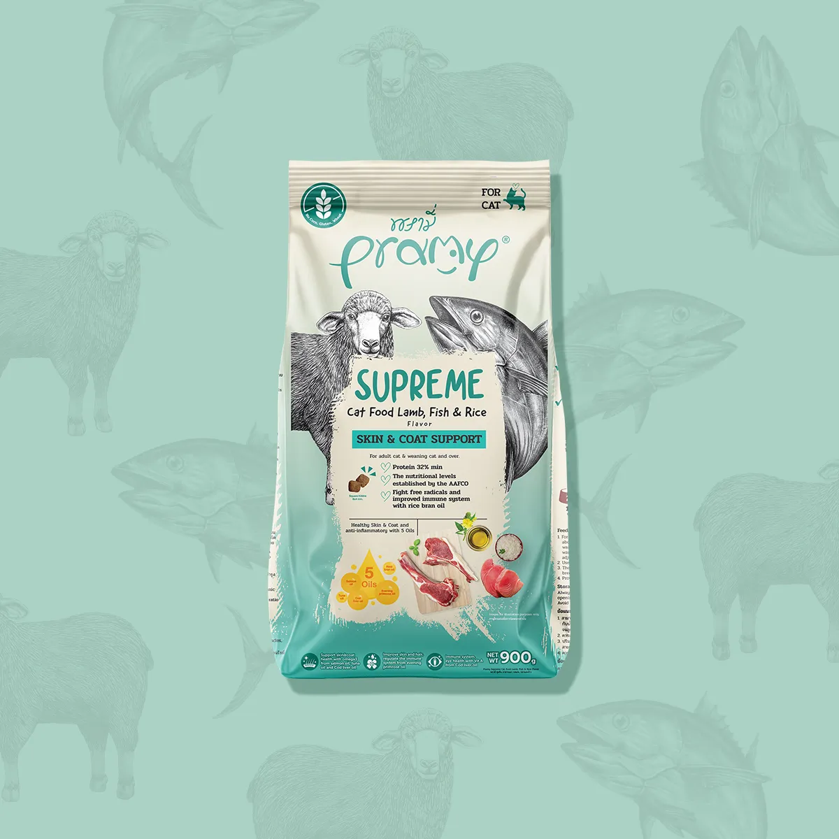 Pramy Supreme อาหารแมวเม็ด Skin & Coat Support แกะ ปลา และ ข้าว