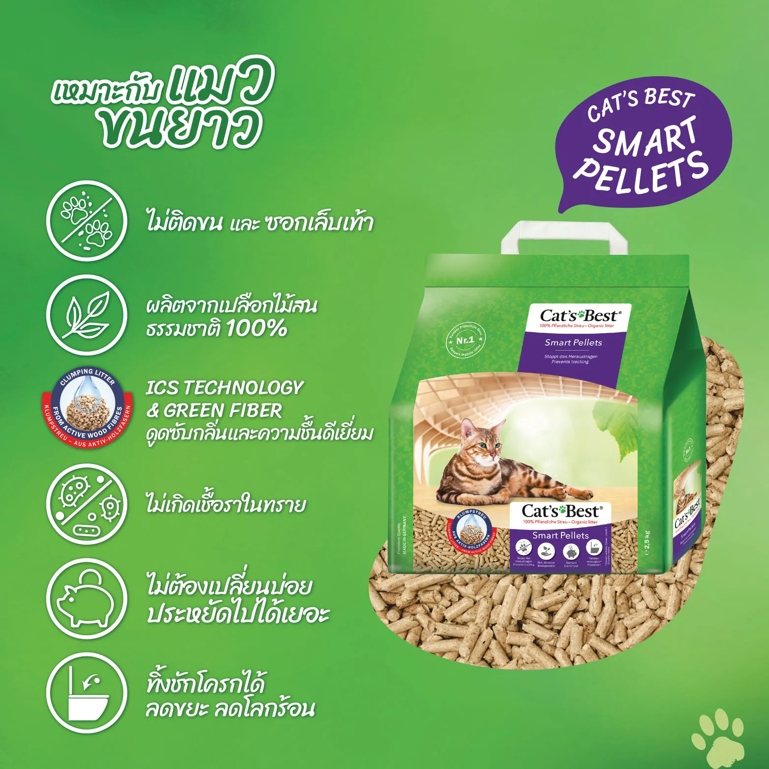 Cat's Best Smart Pellets (ม่วง) ทรายแมวไม้สน สูตรไม่ติดเท้า สำหรับแมวขนยาว