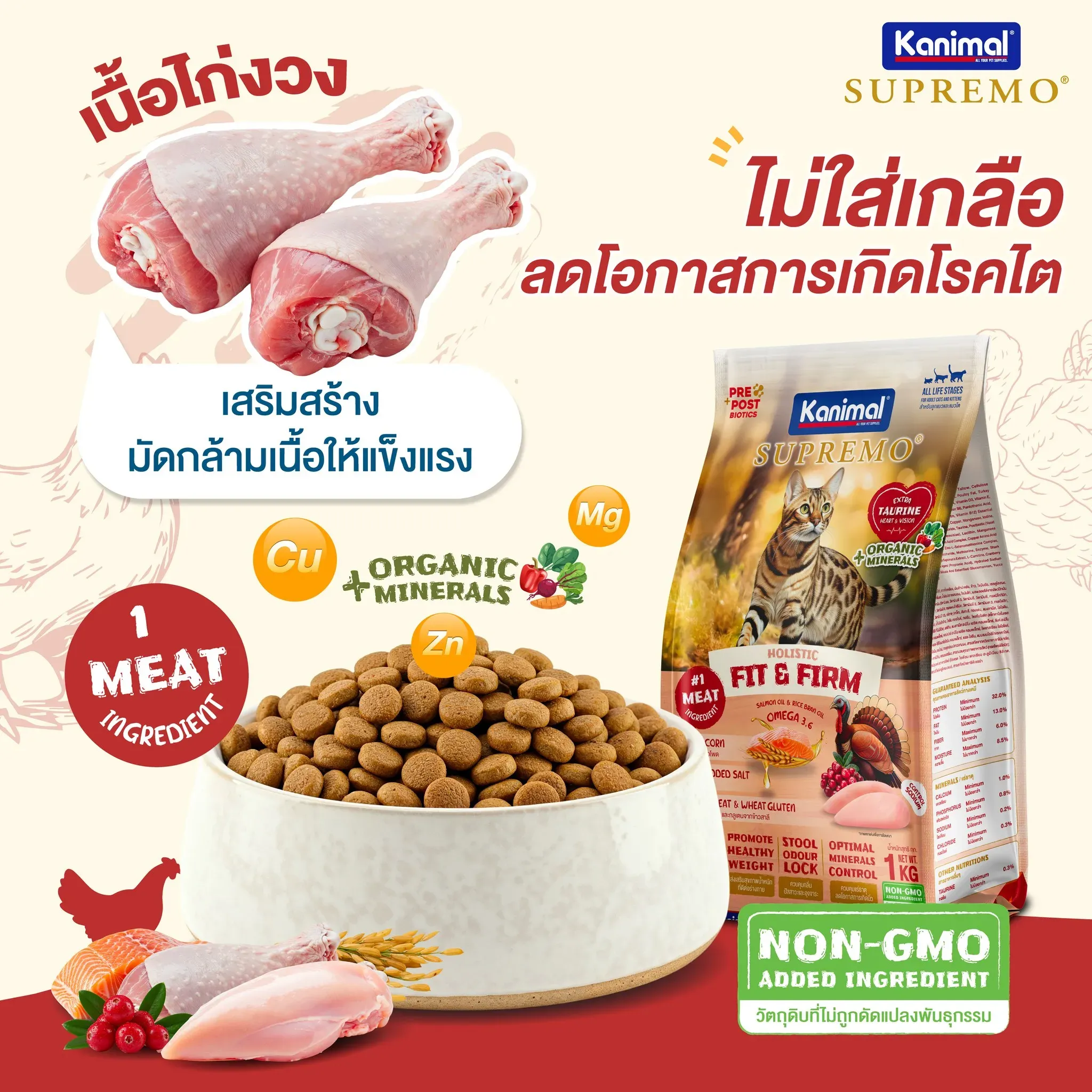 Kanimal Supremo อาหารแมว สูตร Fit & Firm ฟิตแอนด์เฟิร์ม (1 Kg x 10 ถุง)