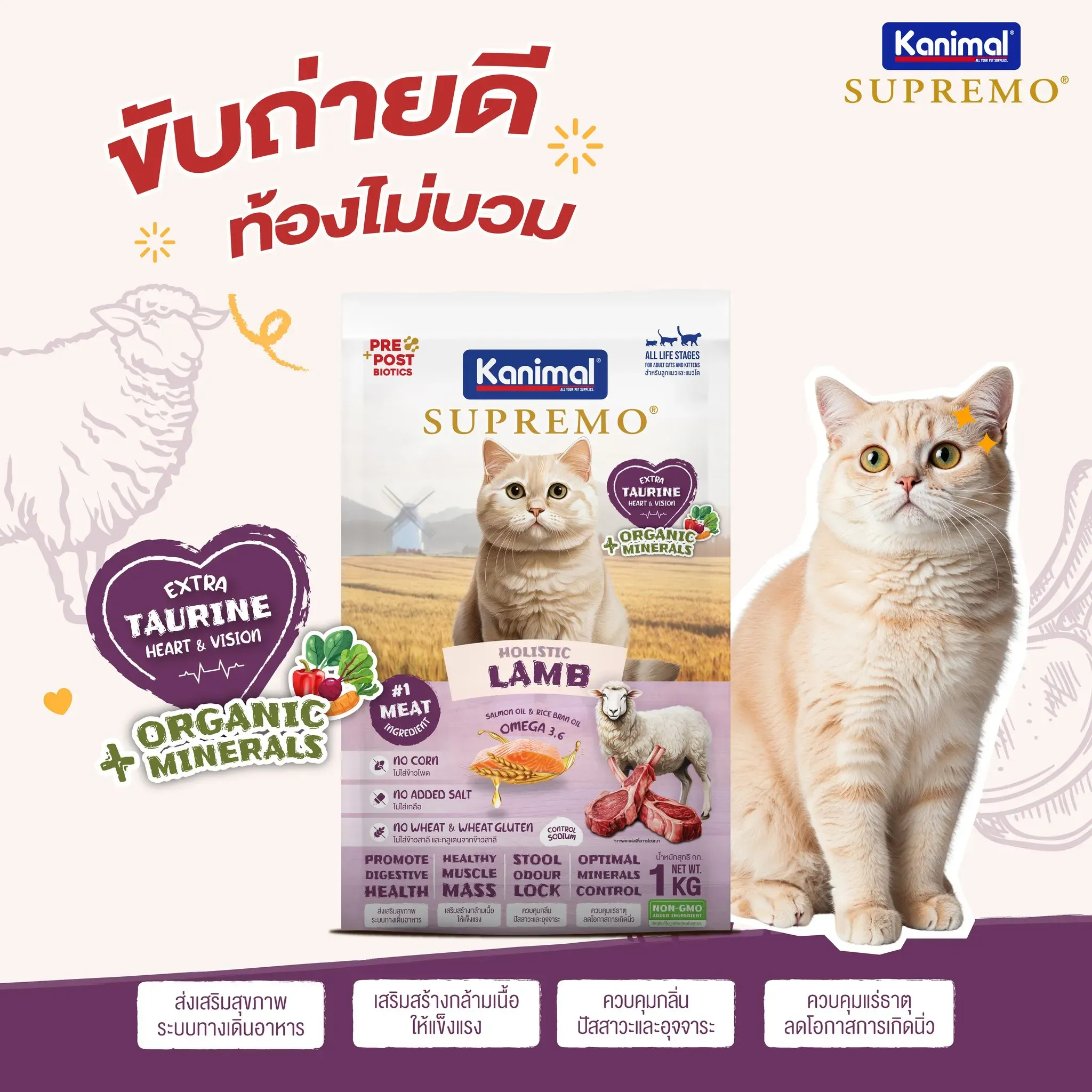 Kanimal Supremo อาหารแมว สูตร Lamb เนื้อแกะ (1kg x 10 ถุง)
