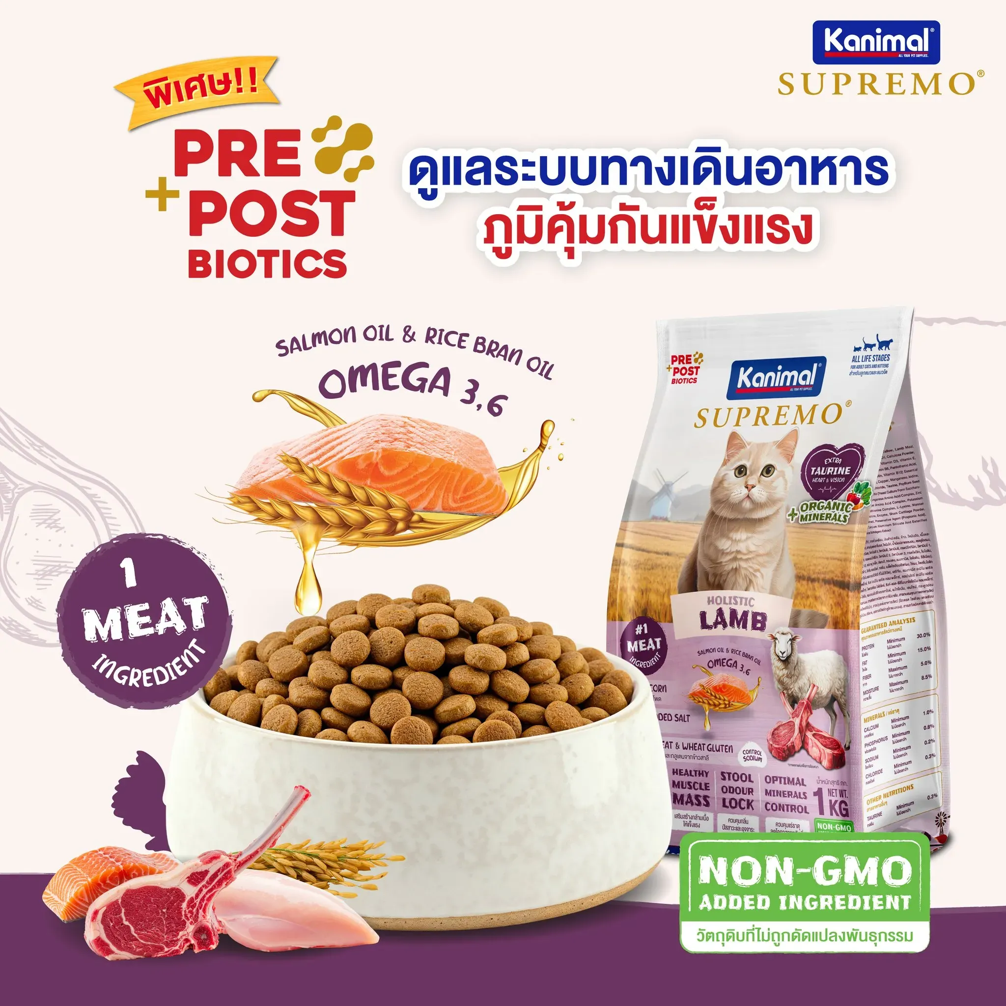 Kanimal Supremo อาหารแมว สูตร Lamb เนื้อแกะ (1kg x 10 ถุง)