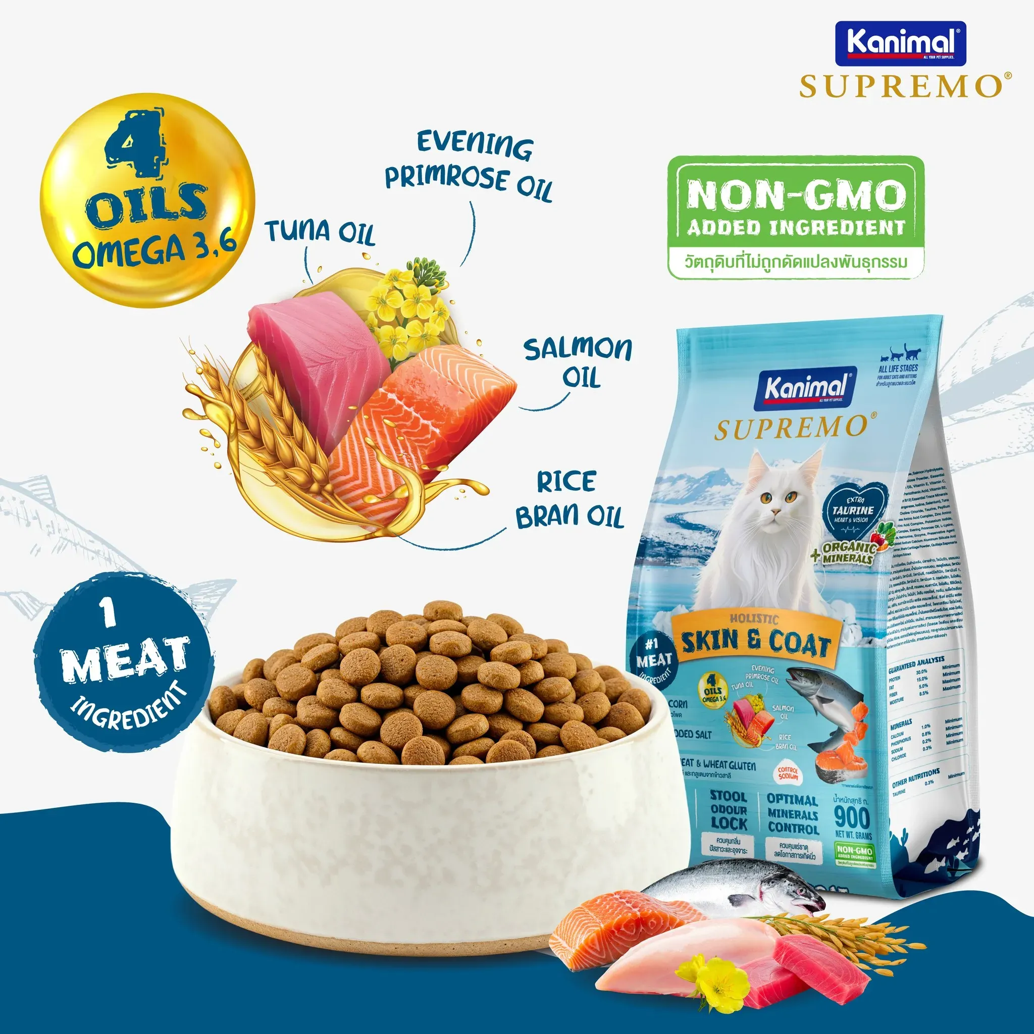 Kanimal Supremo อาหารแมว สูตร Skin & Coat บำรุงขน (1kg x 10 ถุง)