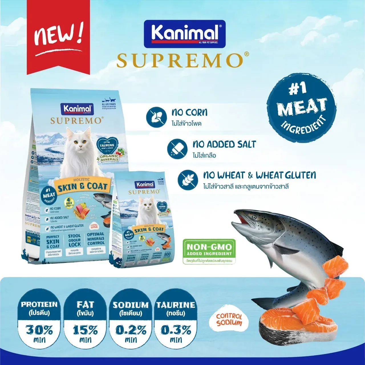 Kanimal Supremo อาหารแมว สูตร Skin & Coat บำรุงขน (1kg x 10 ถุง)