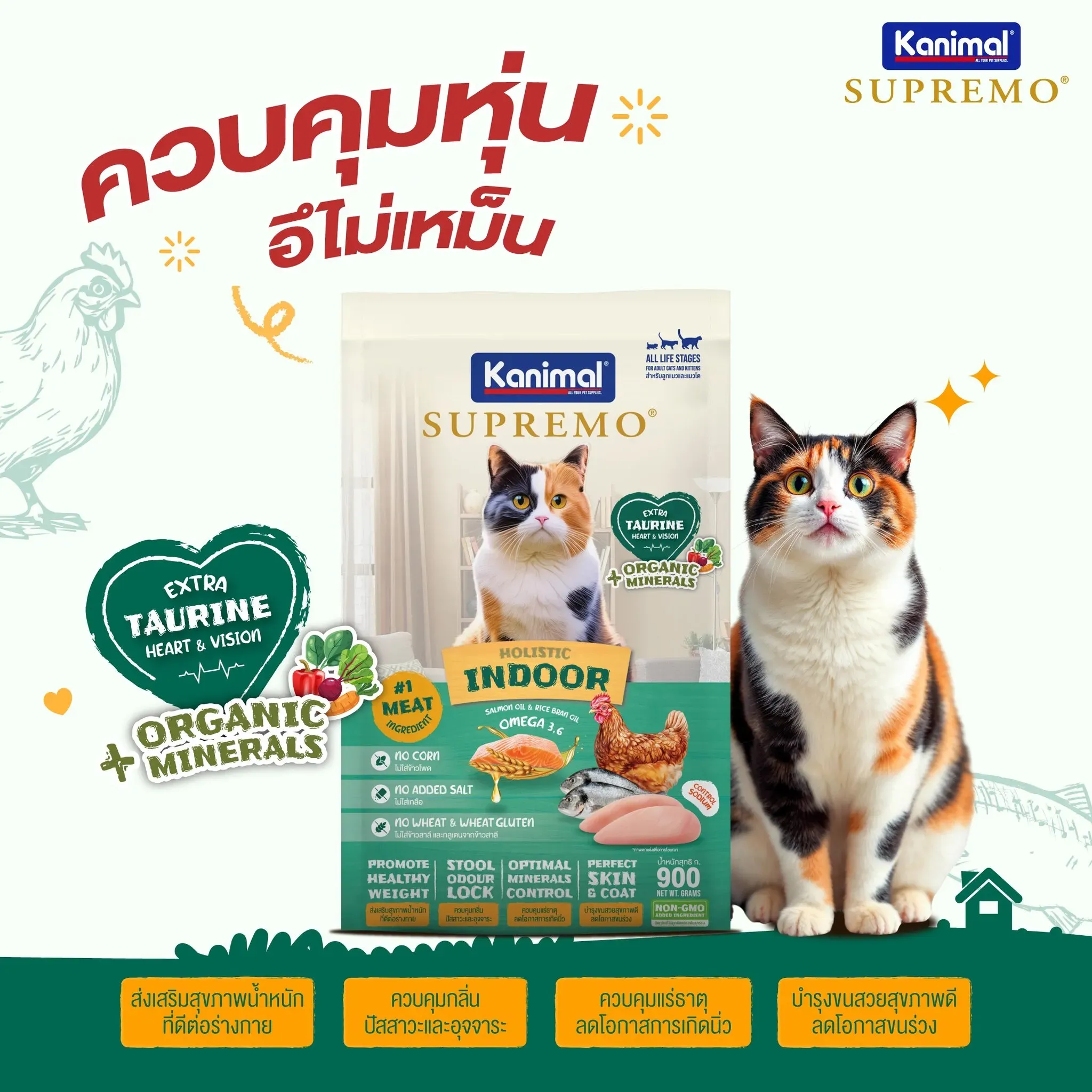 Kanimal Supremo อาหารแมว สูตร Indoor แมวเลี้ยงในบ้าน (1kg x 9 ถุง)