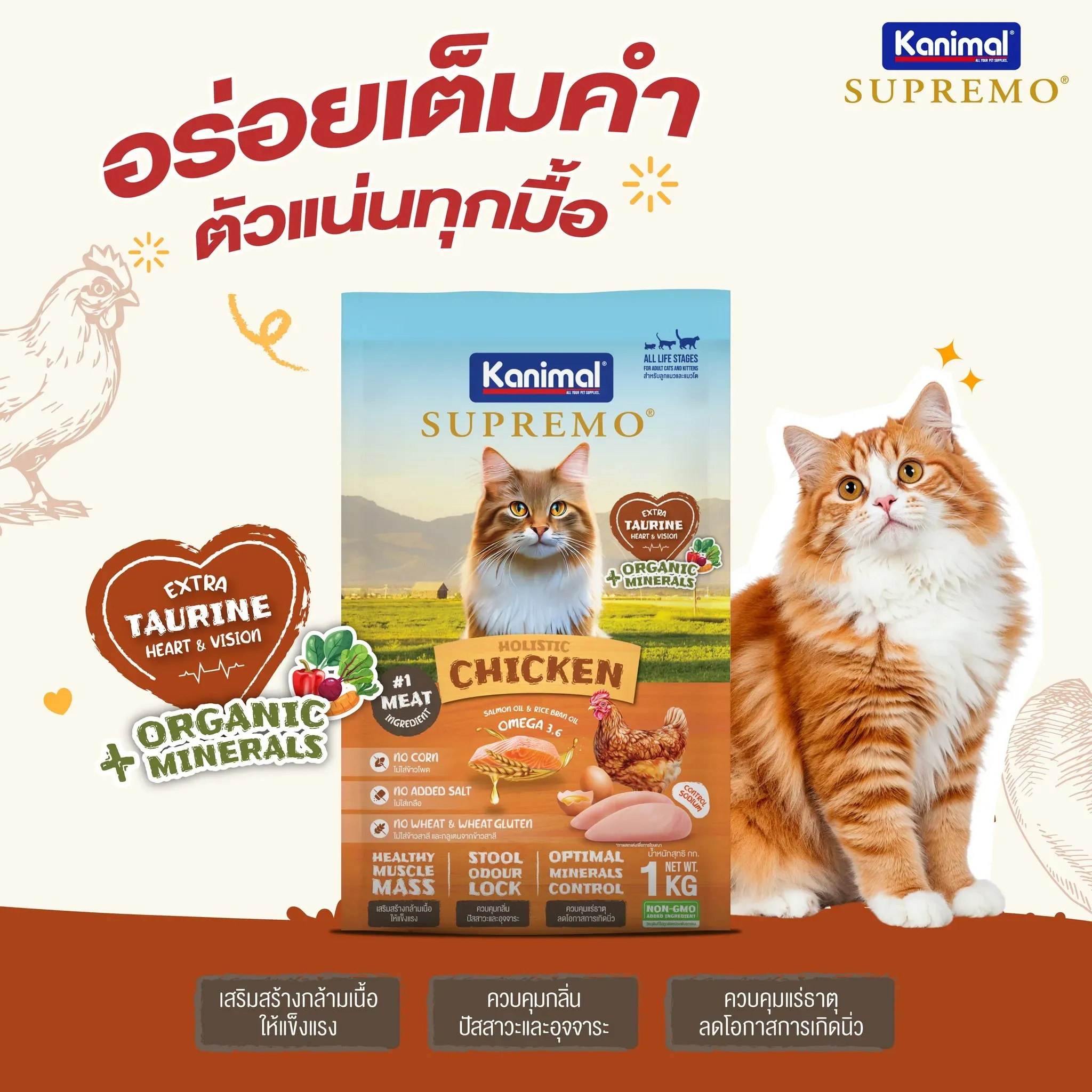 Kanimal Supremo Chicken อาหารแมวคานิมอล ซูพรีโม่ สูตรเนื้อไก่และปลาทะเล (1 Kg X 9 ถุง)
