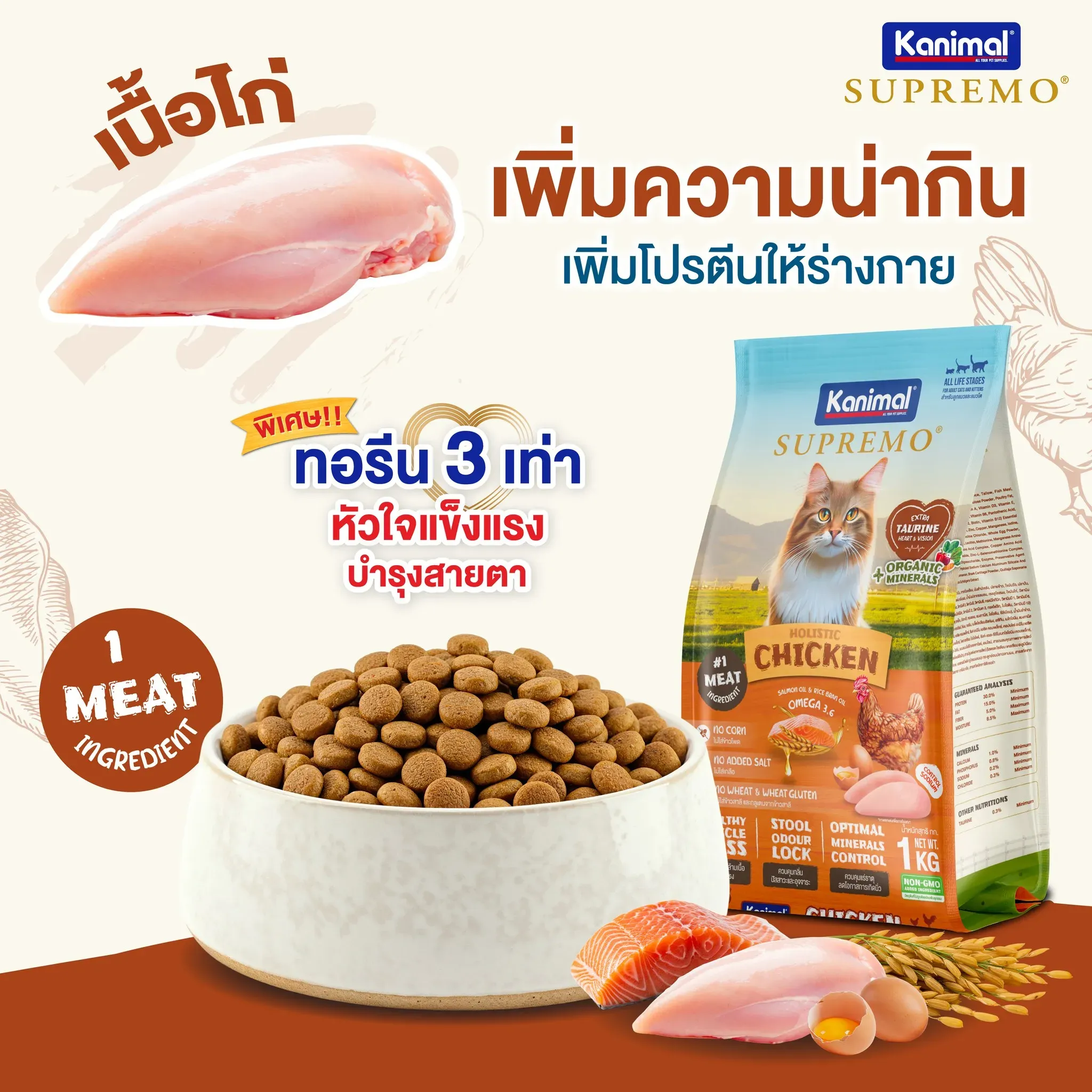 Kanimal Supremo Chicken อาหารแมวคานิมอล ซูพรีโม่ สูตรเนื้อไก่และปลาทะเล (1 Kg X 9 ถุง)