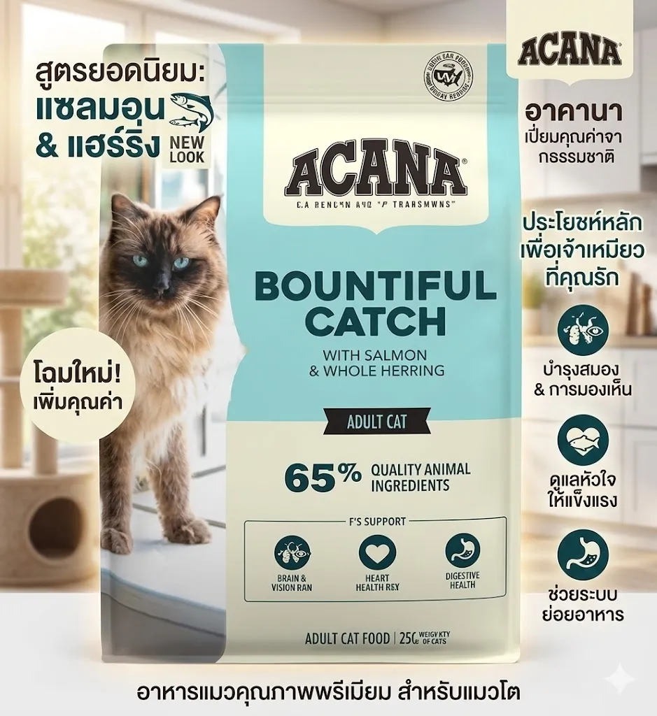 ACANA Bountiful Catch Cat อาหารเม็ด สำหรับแมวทุกสายพันธุ์ สูตรปลาแซลมอน ปลาแฮริ่ง ปลาดุก และเรนโบว์เทร้าต์