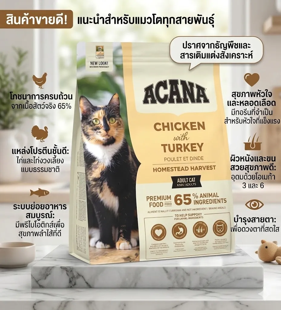 ACANA Homestead Harvest Cat อาหารเม็ด สำหรับแมวทุกสายพันธุ์ สูตรไก่และไก่งวง บำรุงขนและผิวหนัง