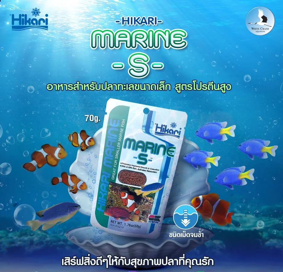 Hikari MARINE S อาหารปลาทะเลขนาดเล็ก โปรตีนสูง ชนิดเม็ดจมช้า 70g.