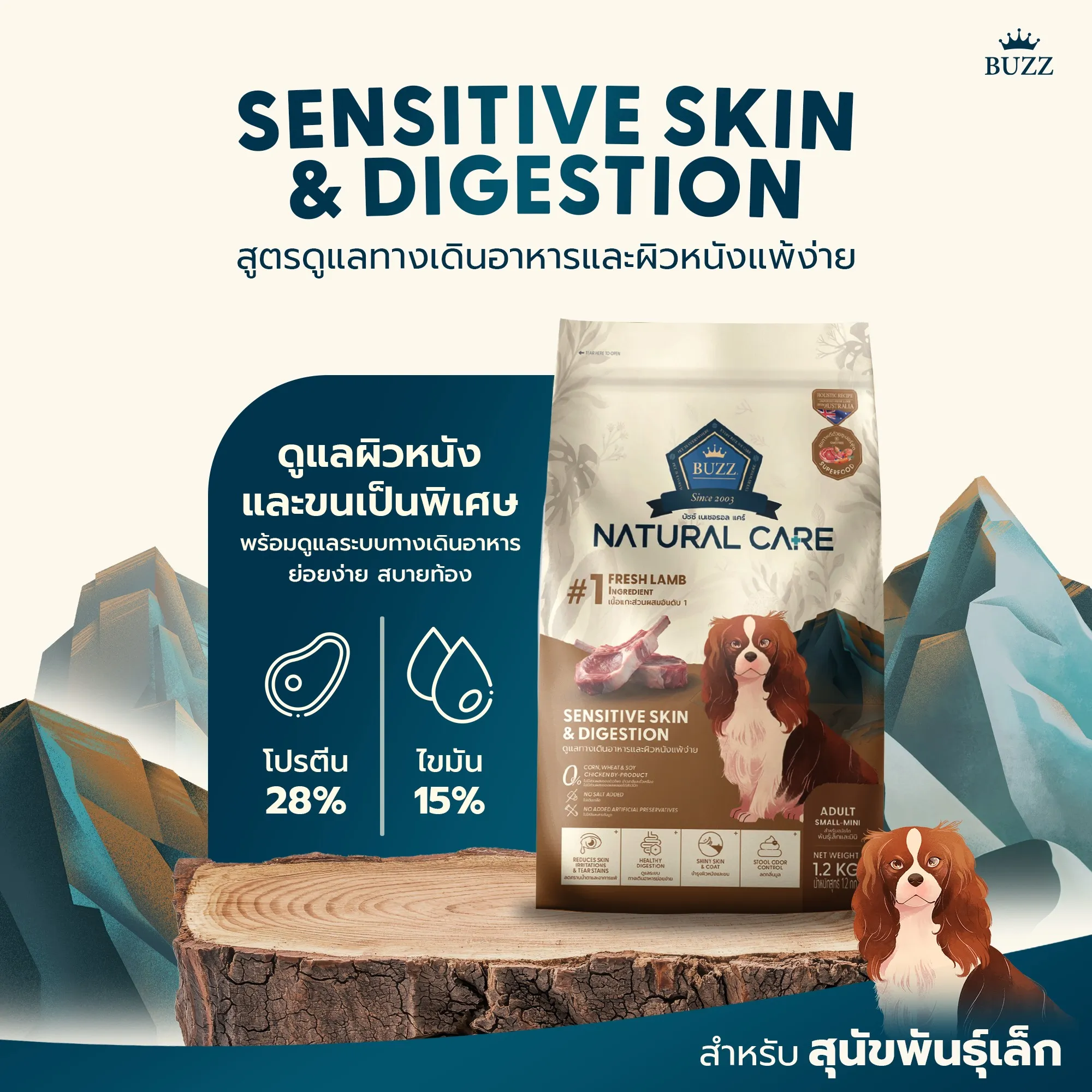 Buzz Natural Care อาหารเม็ดสำหรับสุนัขโตแพ้ง่าย สูตรแกะ