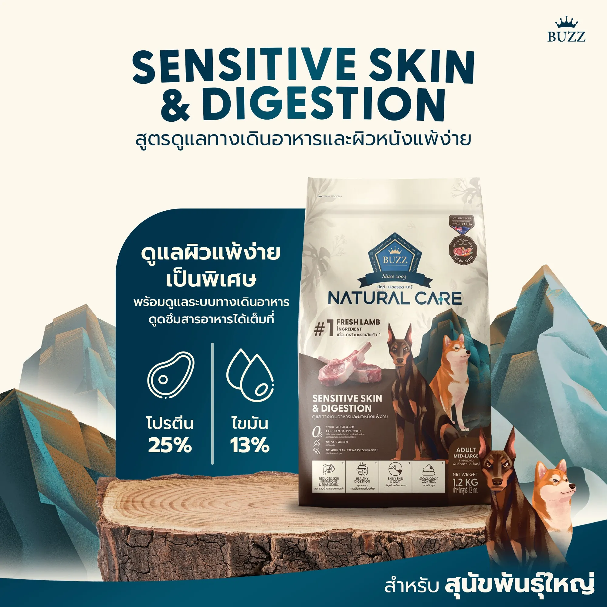 Buzz Natural Care อาหารเม็ดสำหรับสุนัขโตแพ้ง่าย สูตรแกะ