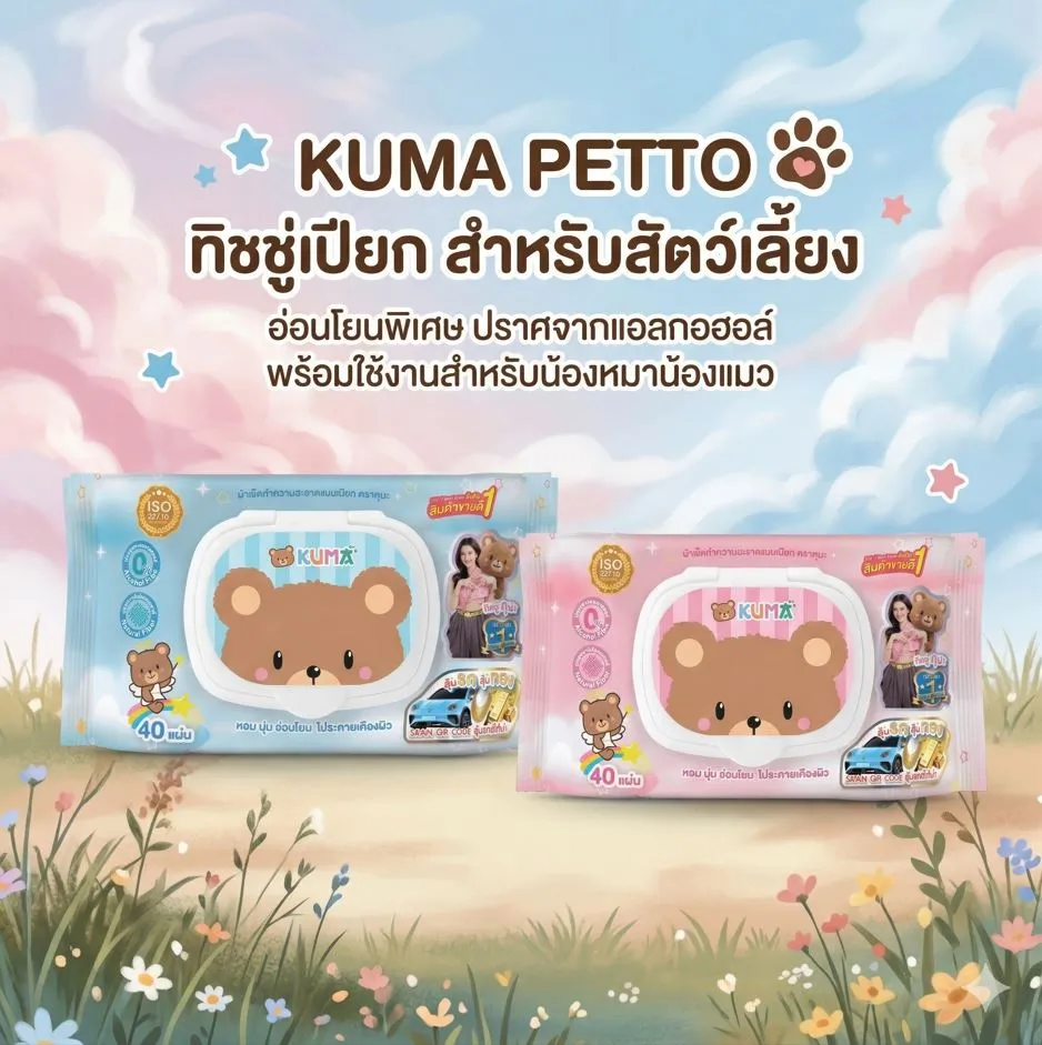 Kuma Petto ทิชชู่เปียก สำหรับสัตว์เลี้ยง (คละสีฟ้าและสีชมพู)