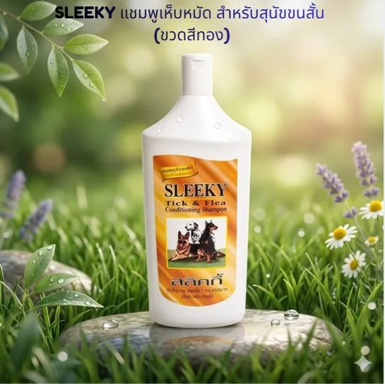 SLEEKY แชมพูเห็บหมัด สำหรับสุนัขขนสั้น (ขวดสีทอง)