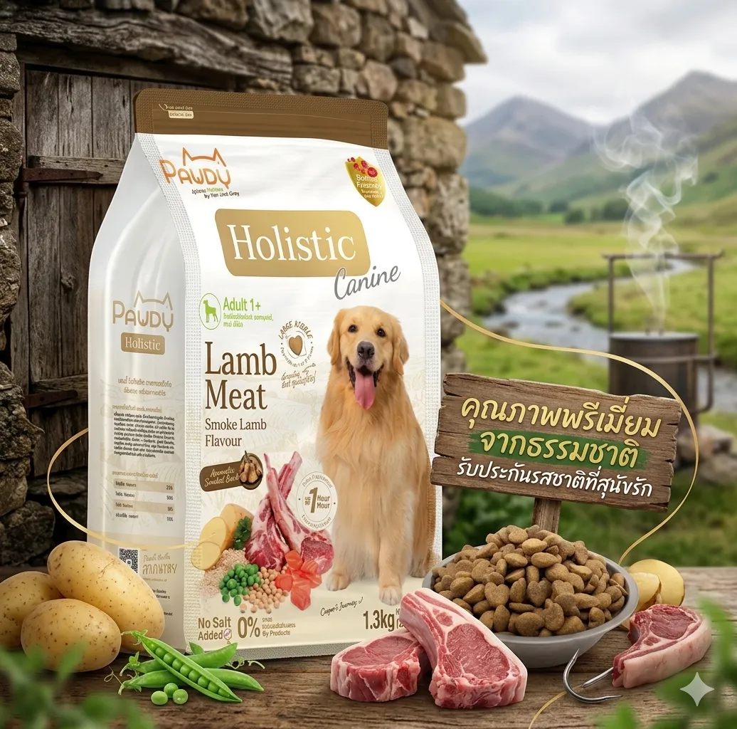 Pawdy Holistic อาหารสุนัขพันธุ์โต-พันธุ์ใหญ่ สูตรเนื้อแกะรมควัน (Smoke Lamb)