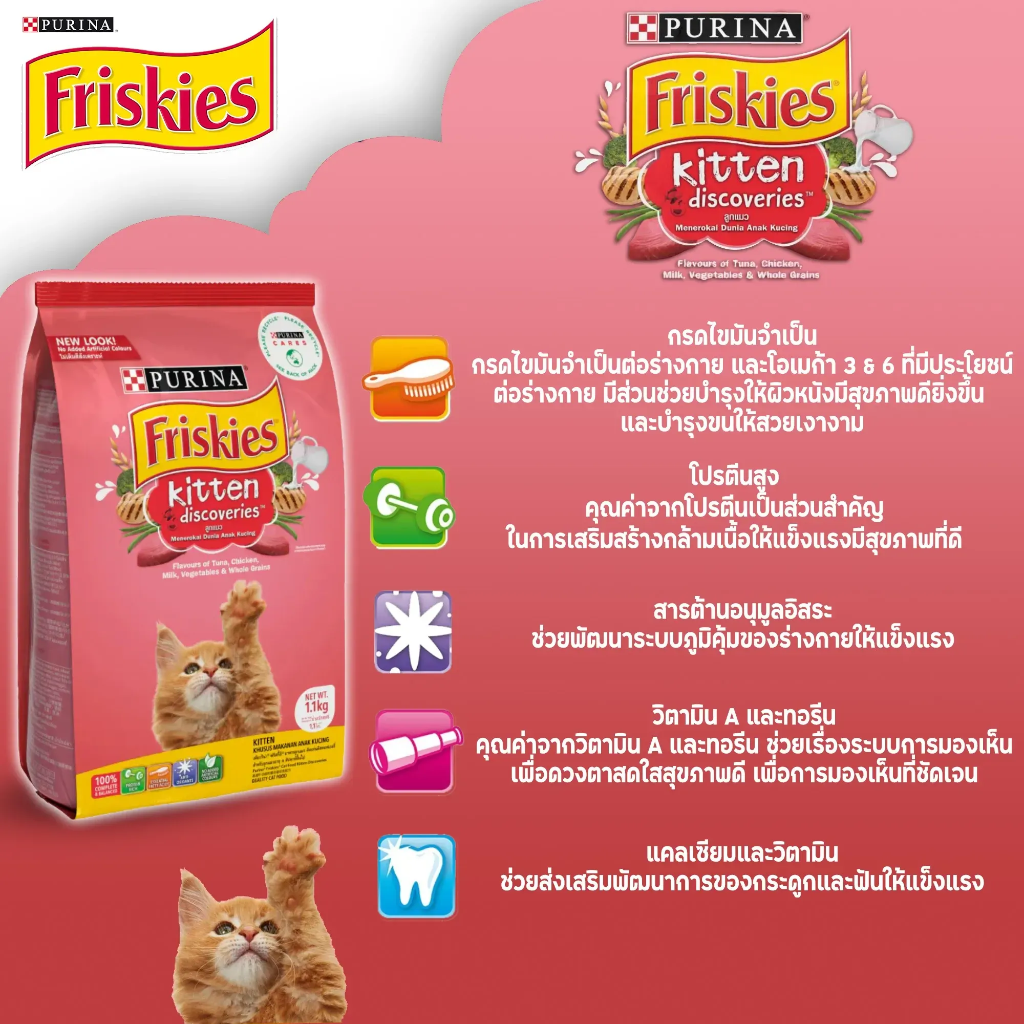 Friskies Kitten ฟริสกี้ส์ อาหารลูกแมว สูตรไก่ ปลา และนม 1.1 kg