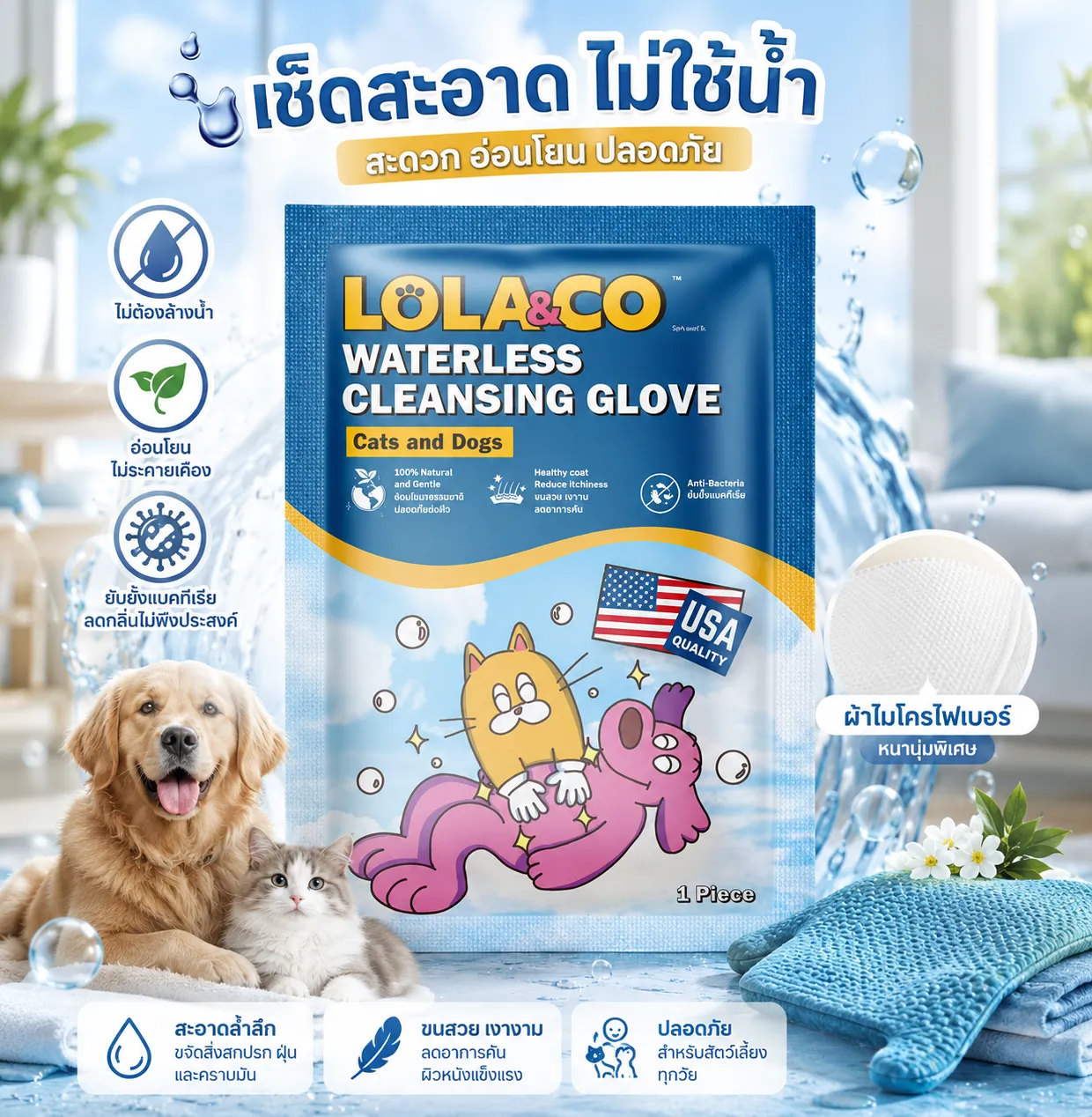 Lola&Co Waterless Cleansing Glove ถุงมือเช็ดทำความมะอาด 1 ชิ้น