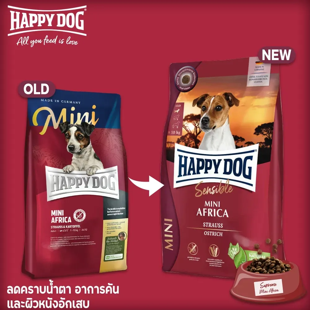 Happy Dog Sensible Mini Africa (Grainfree) สูตรเนื้อนกกระจอกเทศ สำหรับสุนัขพันธุ์เล็ก