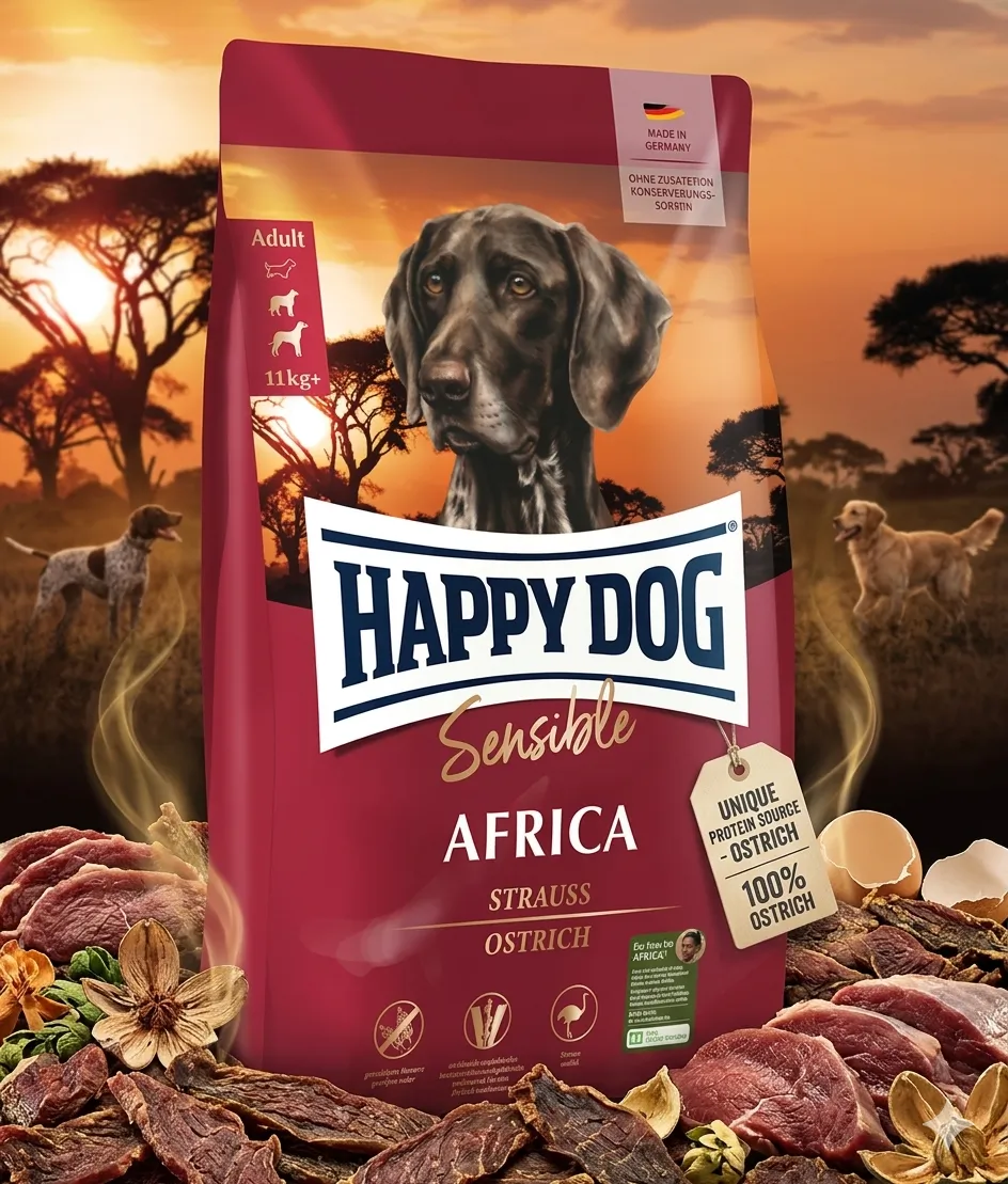 Happy Dog Sensible Africa (Grain Free) สูตรเนื้อนกกระจอกเทศ สำหรับสุนัขพันธุ์ใหญ่