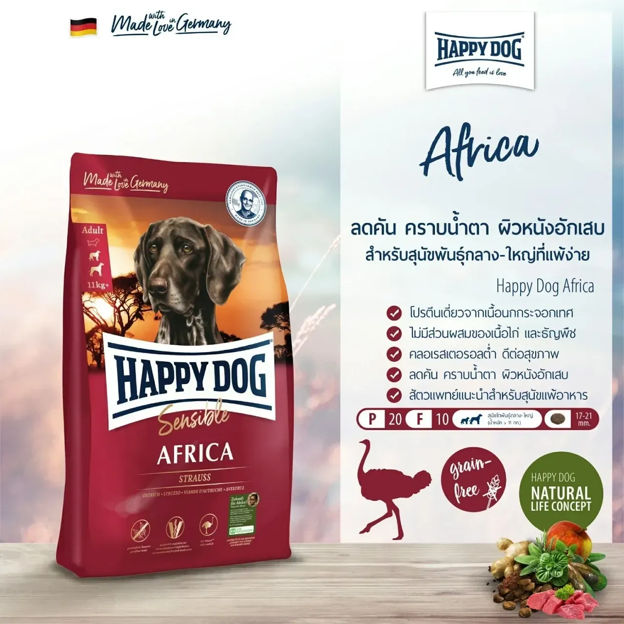 Happy Dog Sensible Africa (Grain Free) สูตรเนื้อนกกระจอกเทศ สำหรับสุนัขพันธุ์ใหญ่