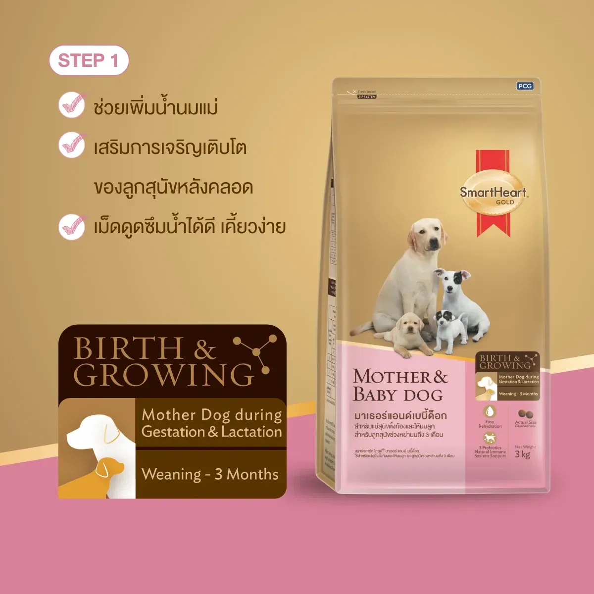 Smartheart Gold Mother & Baby Dog อาหารเม็ดสำหรับแม่สุนัขและลูกสุนัขทุกสายพันธุ์