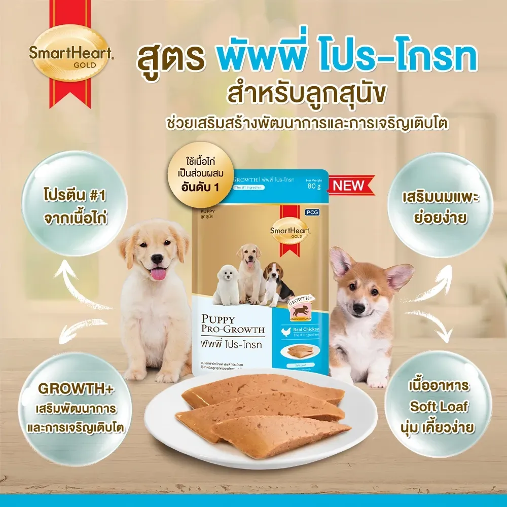 Smartheart Gold Pouch อาหารเปียกลูกสุนัข สูตร พัพพี่ โปร-โกรท 80 g