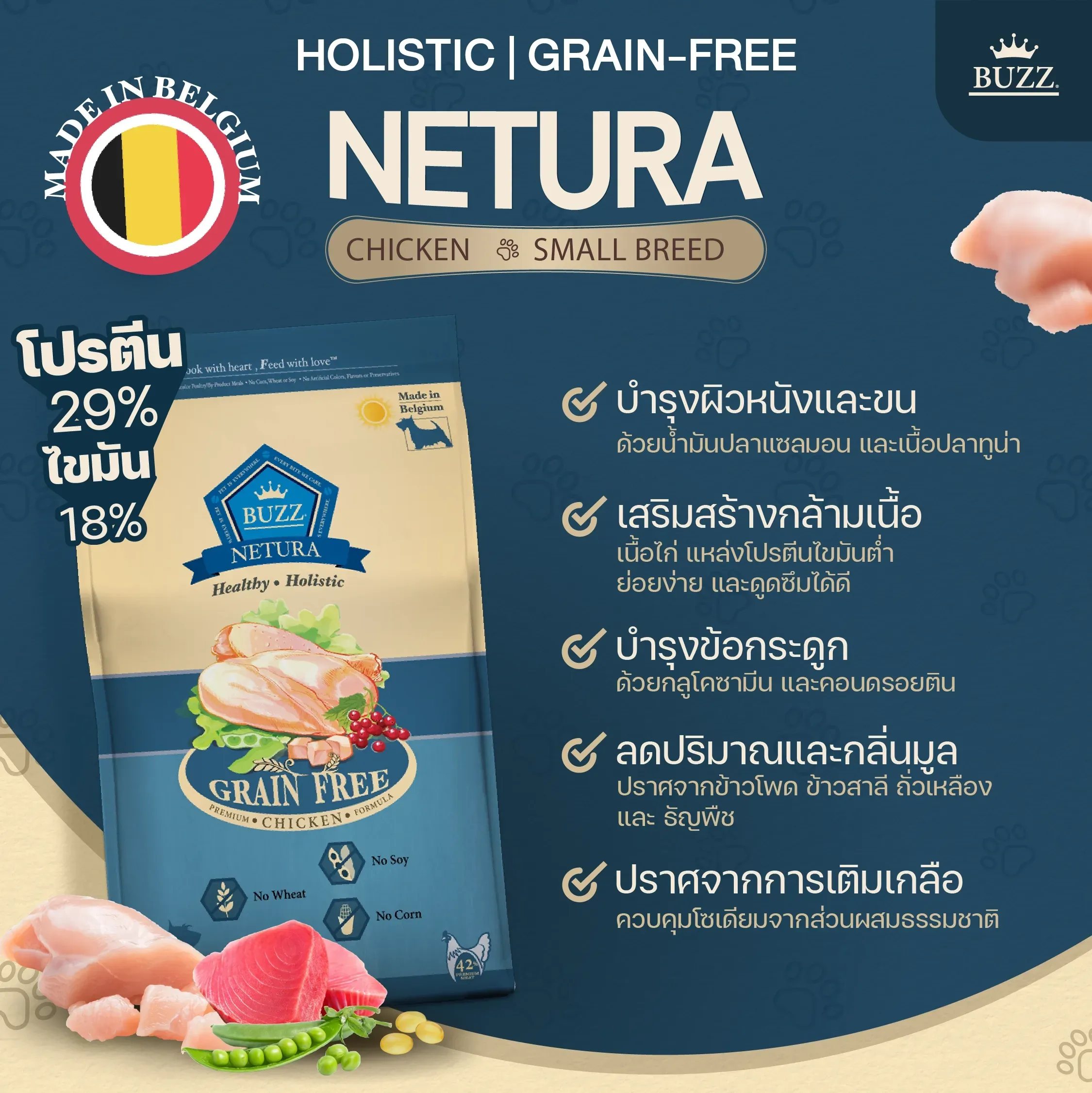 Buzz Netura Holistic อาหารเม็ดสุนัขโต สูตรเนื้อไก่