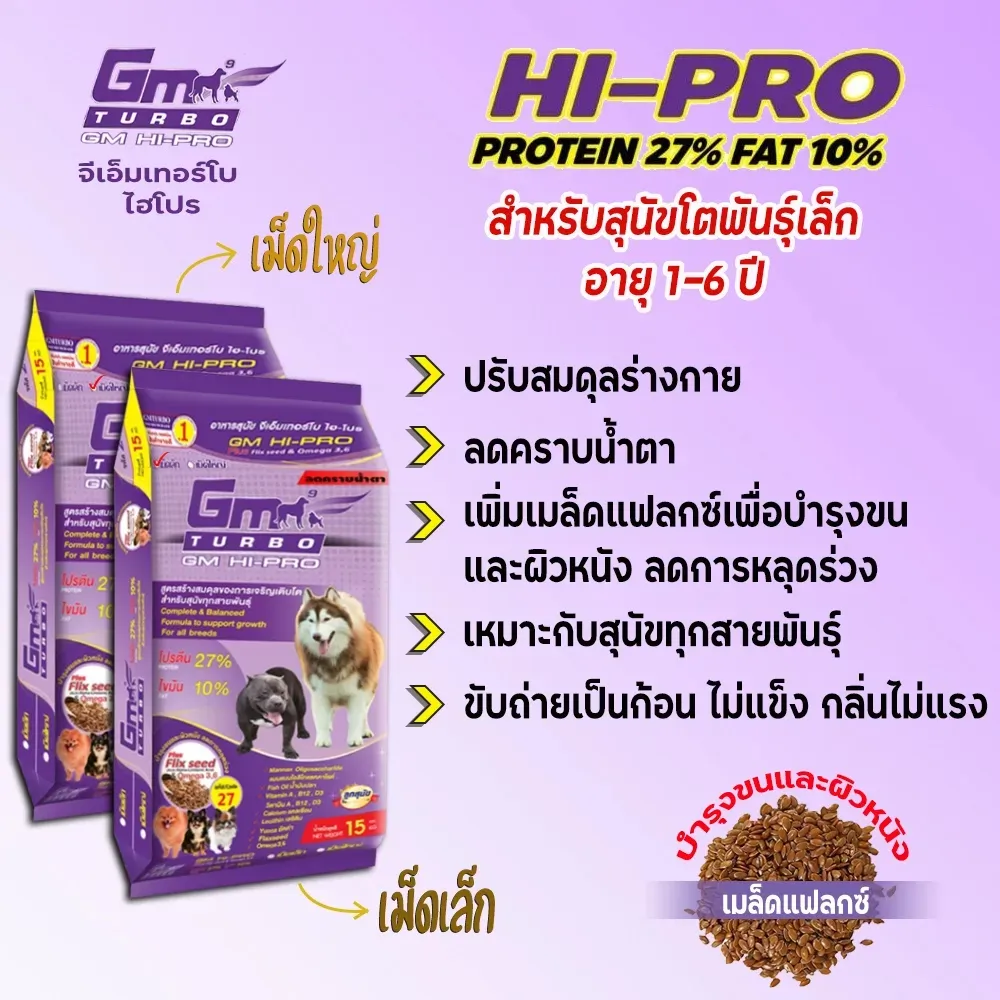 Gm Turbo Hi Pro อาหารสุนัข สูตรสร้างสมดุลการเจริญเติบโต 15 Kg