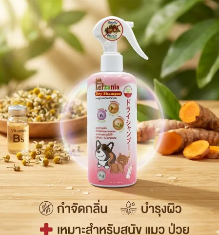 Petzania แชมพูมอาบน้ำแห้ง ช่วยลดกลิ่นตัวและบำรุงผิว สำหรับสุนัขและแมว 250ml.
