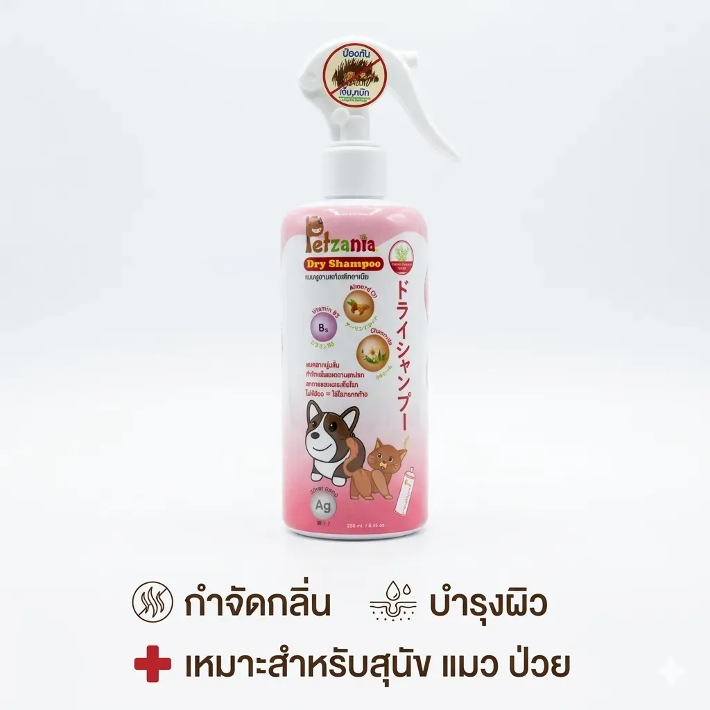 Petzania แชมพูมอาบน้ำแห้ง ช่วยลดกลิ่นตัวและบำรุงผิว สำหรับสุนัขและแมว 250ml.