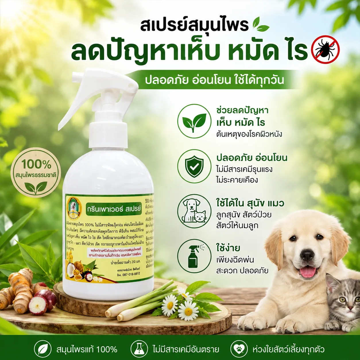 Green Power สเปรย์ป้องกันเห็บและหมัด สกัดจากสมุนไพร สำหรับสุนัข 250ml.