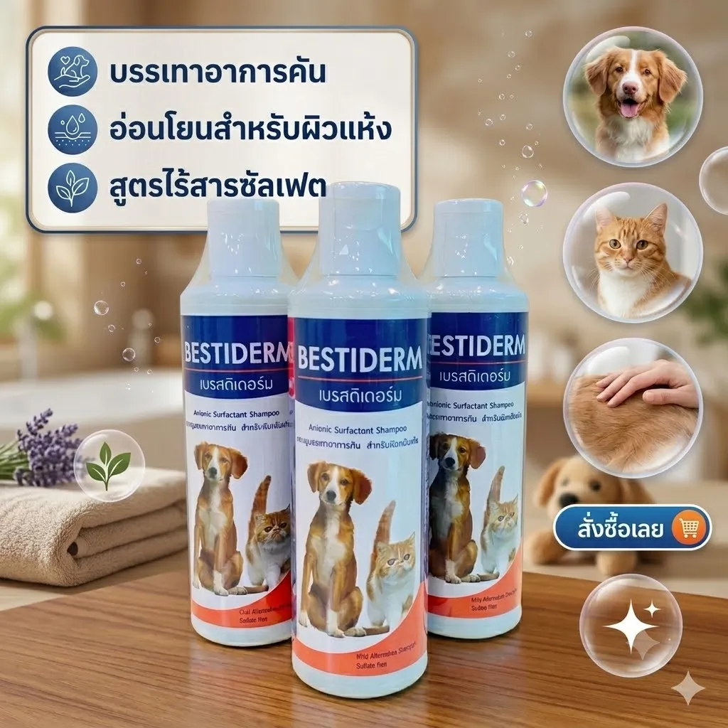 BESTIDERM แชมพูบรรเทาอาการคันและผิวแห้ง สำหรับสุนัขและแมว 250ml.
