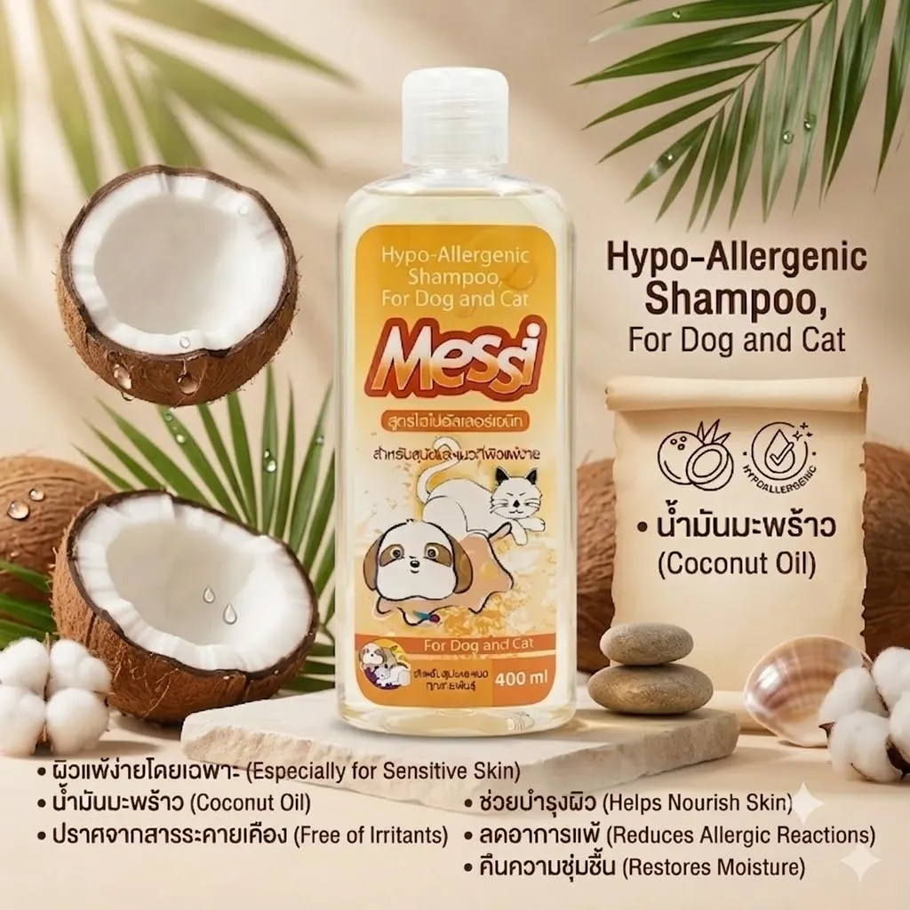 Messi แชมพู Hypo-allergenic สำหรับสุนัขและแมว ผิวแพ้ง่าย 400ml.