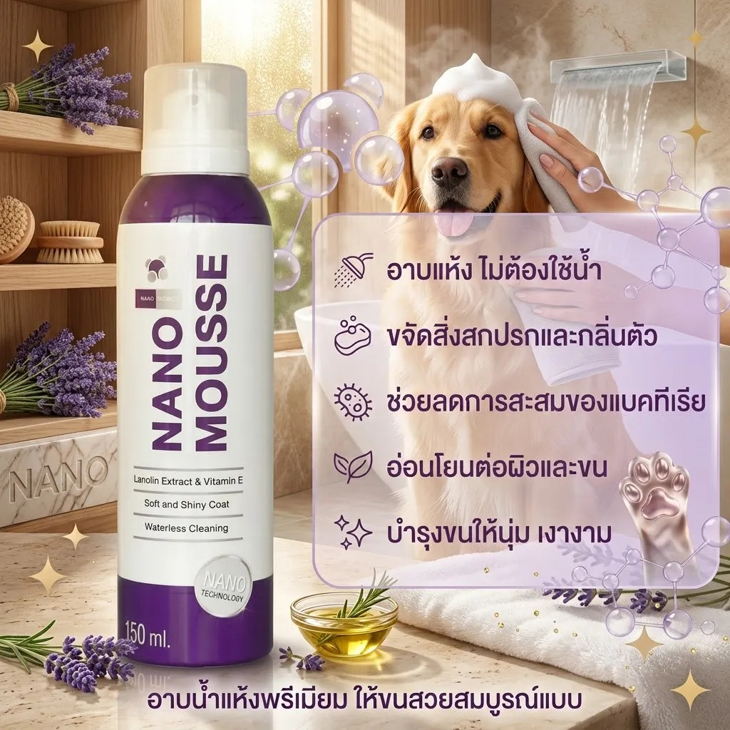 Nano Soft Foam โฟมอาบน้ำแห้ง ช่วยลดกลิ่นตัวและบำรุงผิว สำหรับสัตว์เลี้ยง 150ml.