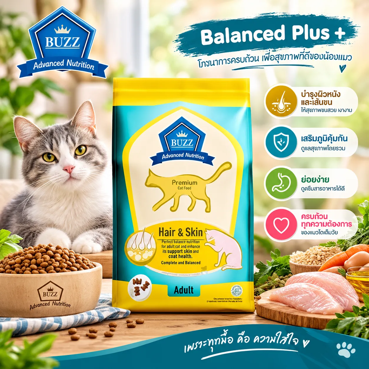 Buzz Advanced Nutrition Hair&Skin สูตรแมวโต บำรุงเส้นขน เเละ ผิวหนัง