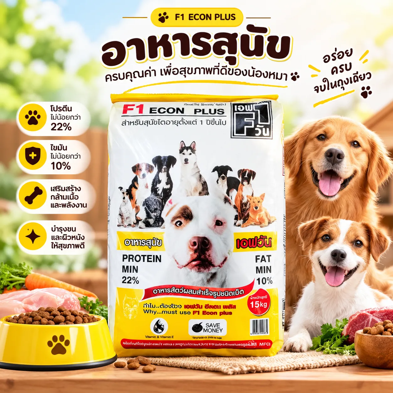 F1 อาหารสุนัข รุ่น อีคอน (เหลือง) 15Kg