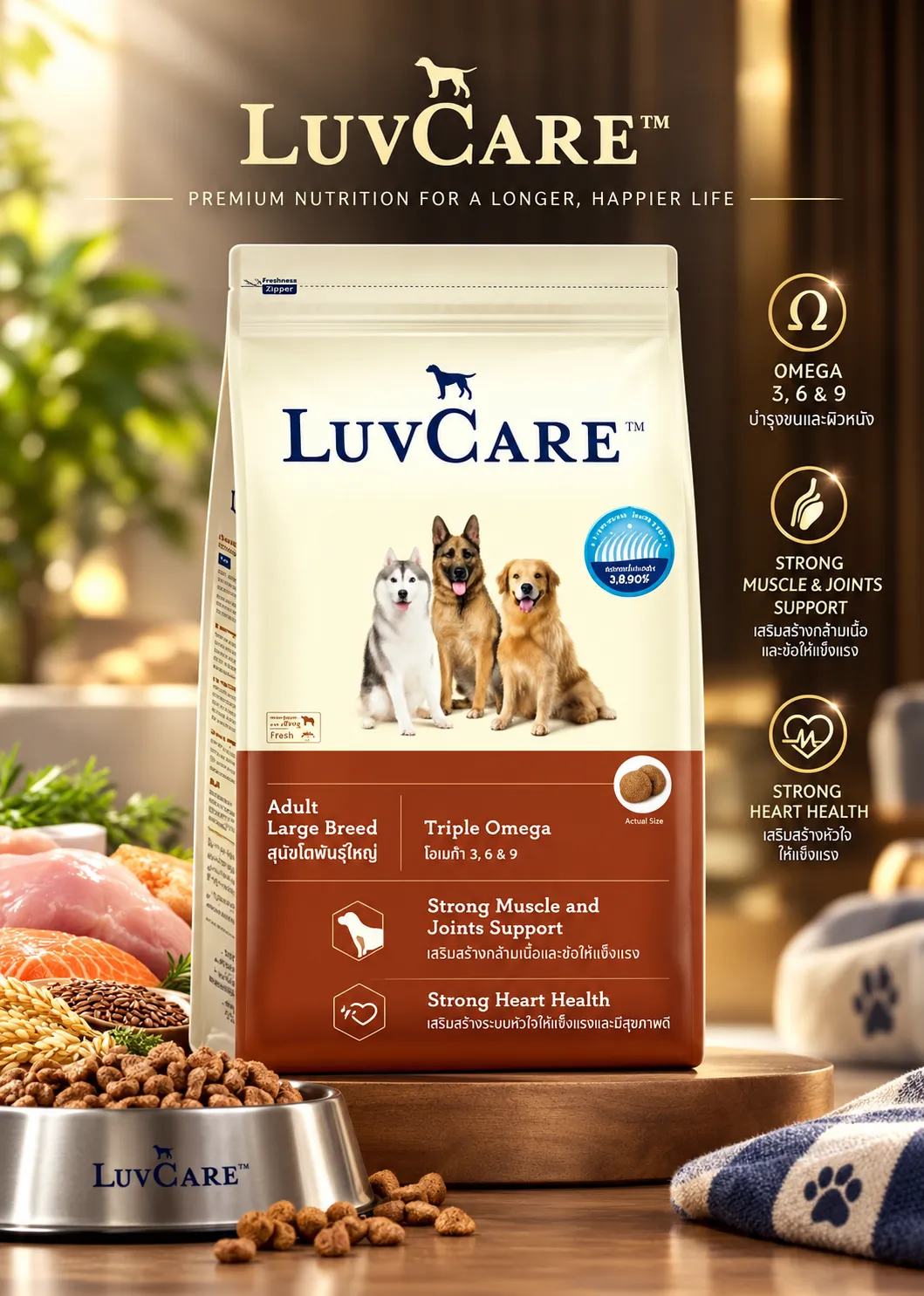 Luvcare Adult Large Breed Triple Omega 3,6,9 อาหารเม็ดสำหรับสุนัขโตพันธุ์ใหญ่